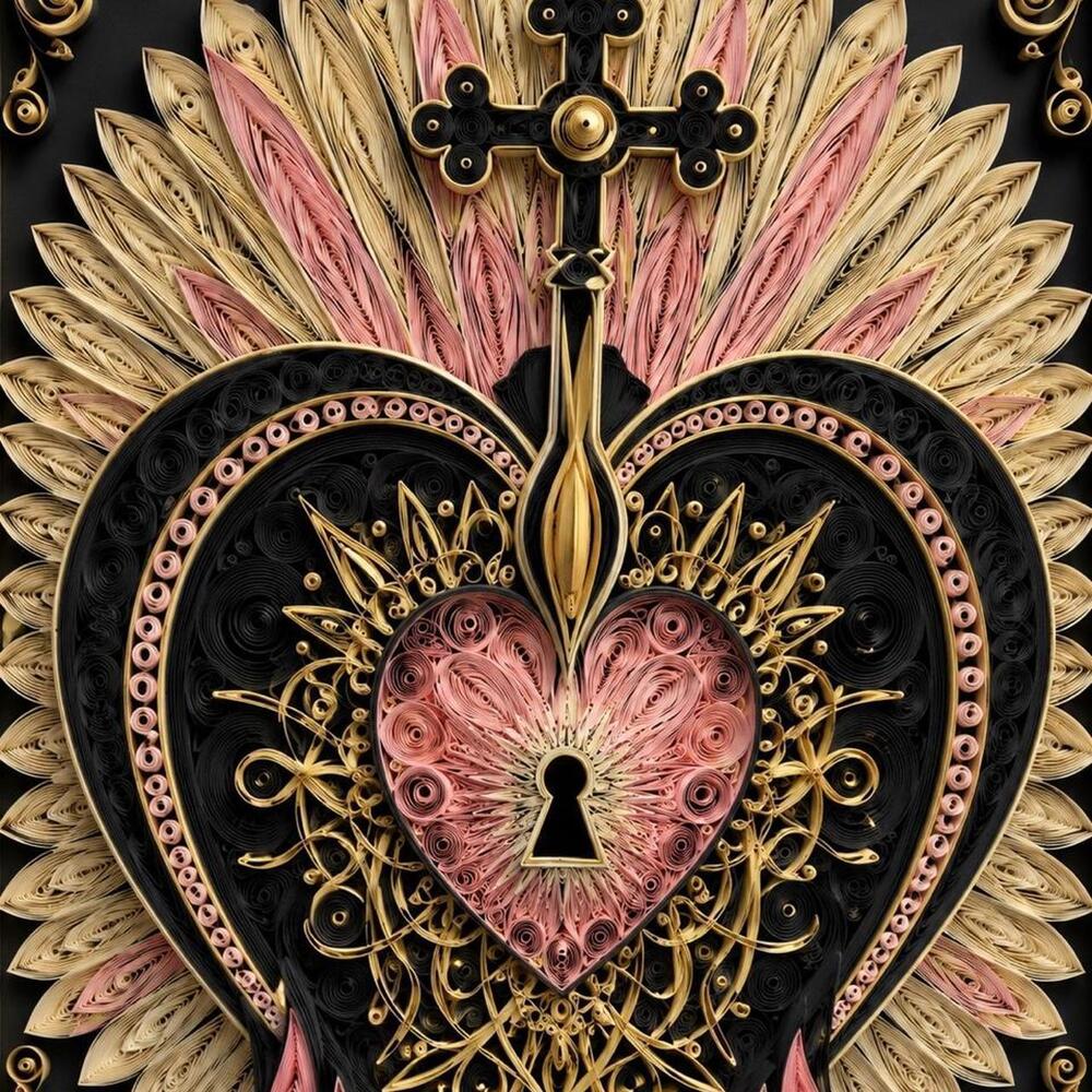 8x10 Framed Quilled Sacred Heart Art Print – Pink Black & Gold Gothic Wall Art
